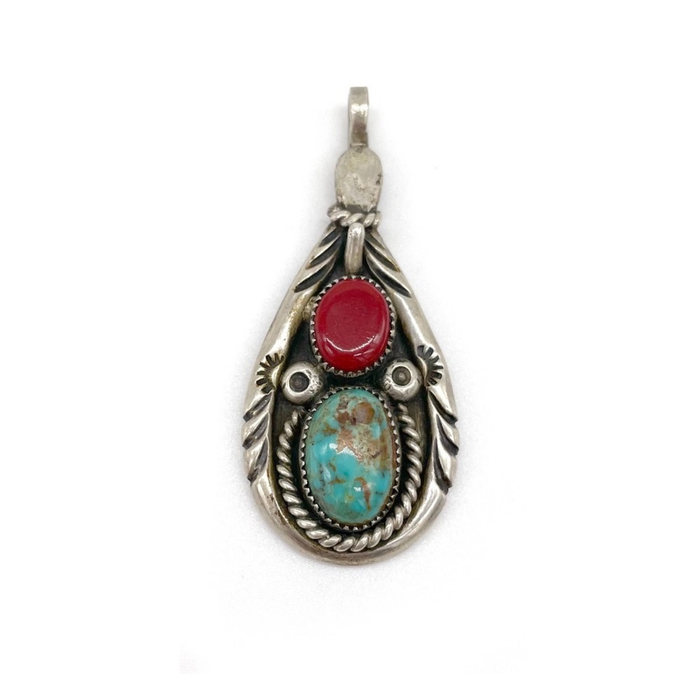 Vintage Navajo Sterling Silver Turquoise & Coral Pendant Signed BK – Handcrafted